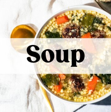 Bowl of Italian Wedding Soup with the word "Soup" in text overlay.