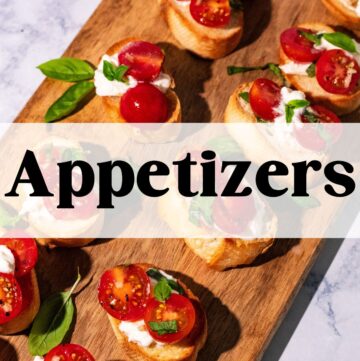 Bruschetta appetizer with the word "Appetizers" in text overlay.