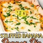 Pinterest image of the dip with the words "stuffed banana pepper dip extra cheesy!" in text overlay.
