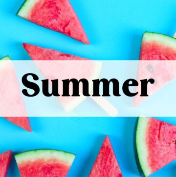 Watermelon slices on a blue background with the word "summer" in text overlay.