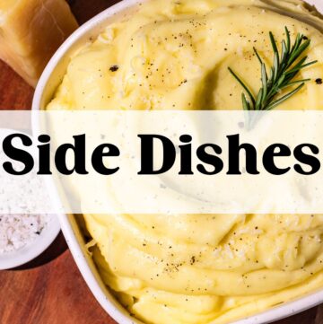 Bowl of mashed potatoes with the words "Side Dishes" in text overlay.