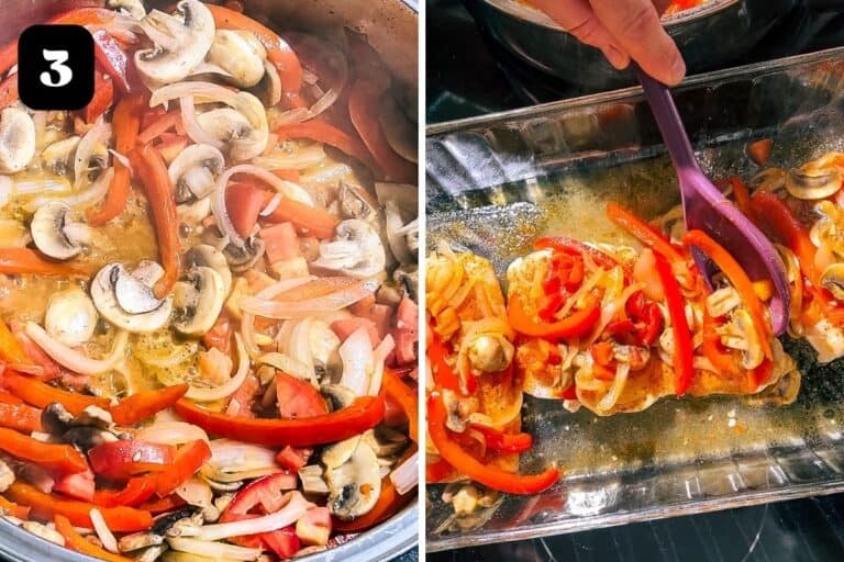 Cheesy Baked White Fish with Onions, Peppers, and Mushrooms