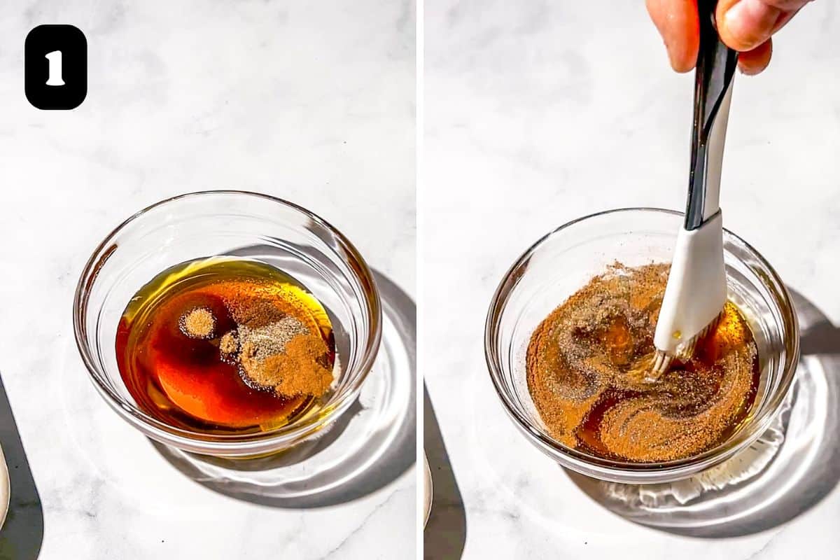 Step 1 showing mixing the maple syrup with the spices and brown sugar.